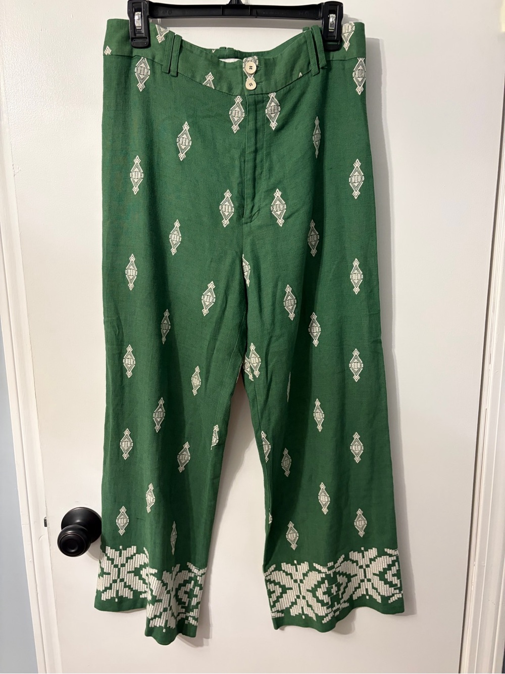 Zara Green & white Patterned linen women’s Wide-Leg pants